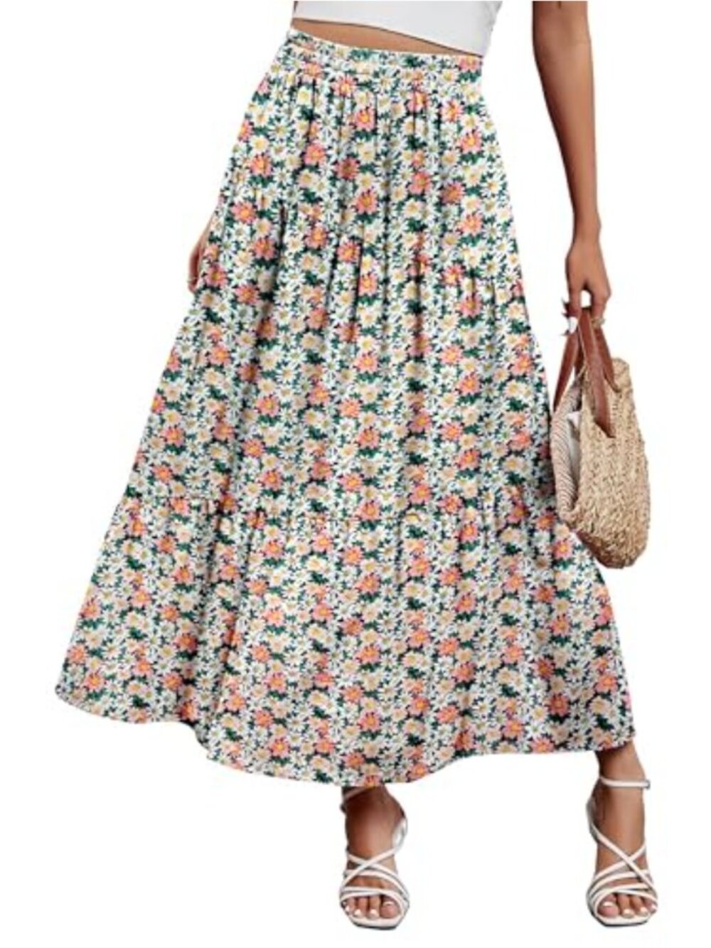 Women Maxi Boho Skirt Elastic High Waist Pleated A-Line Tiered Flowy with